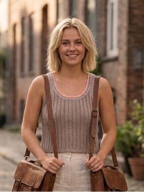 Ribbed Taupe Crop Tank with Pink Trim